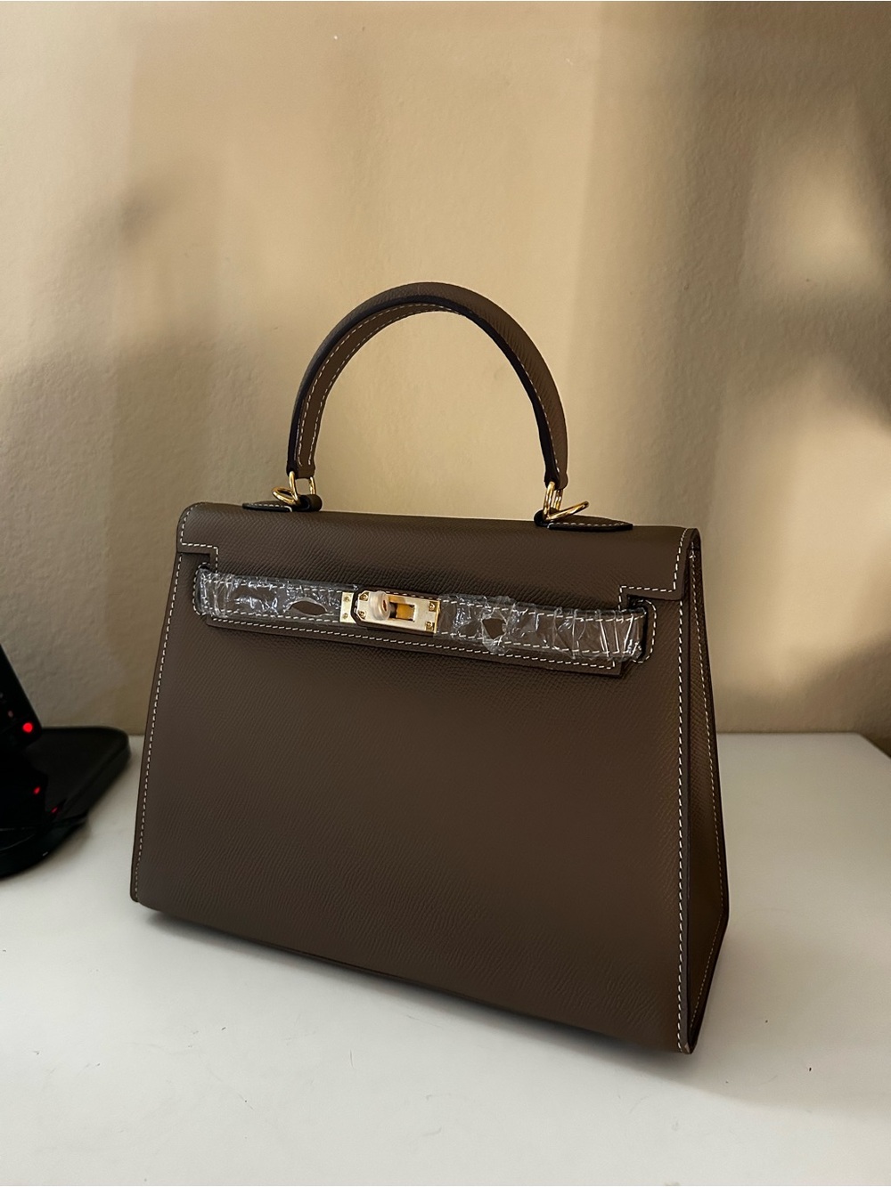 25cm Epsom Leather Khaki Top-Handle Satchel with Gold Hardware